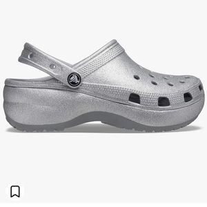 CROCS WOMENS CLASSIC PLATFORM GLITTER CLOG - SILVER, 8,  NWT and Box
